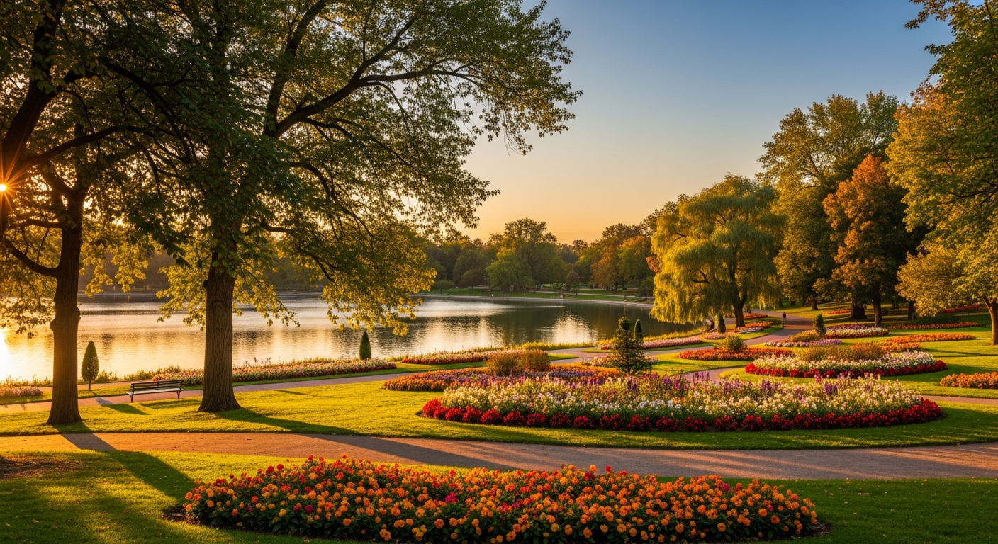 Washington Park Denver in golden light with a calm lake, flower gardens, and a tree-lined path
